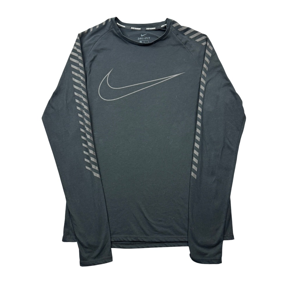 Nike Running Dri-FIT Long Sleeve Shirt Mens Medium Black Reflective Swoosh Logo